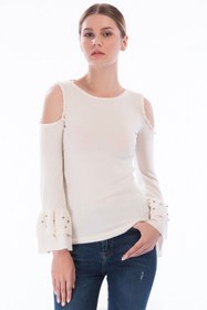 Resim Cotton Mood 8360996 Yumoş Omuzu Açık Kolu Çift Volanlı Incili Bluz Bej 