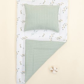 Resim Alt Açma Matı ve Yastık - Çift Taraflı - Mint Örgü - Yapraklar 