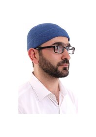 Resim Kışlık Kadife Takke Katlamalı Düz Desen - Mavi 