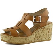 Resim Erkan Saçmacı Xena Taba Hakiki Dana Derisi Mantar Taban Görünümlü Dolgu Topuklu Gladyatör Sandalet Taba 