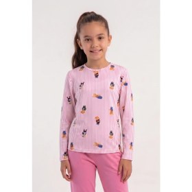 Resim Obje Kız Çocuk Pembe Ayıcık Desen Likra Polyvıscon O Yaka Uzun Kol Pijama Üstü 