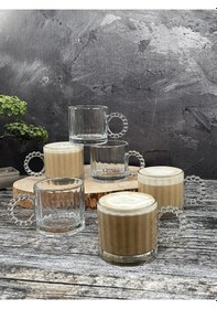 Resim 6 Lı Cam Boncuk Kulplu Bardak Kupa Çay Kahve Meşrubat Bardağı 325 