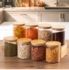 Resim Porsima 4394 8li 800 Ml Bambu Vakumlu Kapaklı Cam Kavanoz Seti Saklama Kabı 10x12cm Şeffaf 