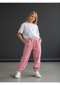 Resim Kız Çocuk İnce Şardonlu Oversize Tasarım Eşofman Alt-16473 Pembe 