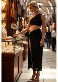 Resim Benerly Kadın Tek Omuz Bodycon Midi Plaj Elbisesi Döküm Aksesuar Detaylı Siyah 