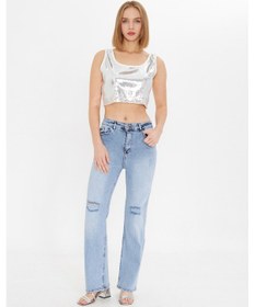 Resim Kutaf Açık Mavi Yüksek Bel Wideleg Yırtık Detaylı Kadın Jean Pantolon Denim 