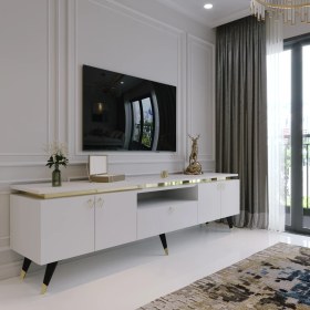 Resim Myniture Modern Tv Sehpası Gold Üçgen Kulp Kepli G0M24-1 Beyaz 35 cm Derinlik 