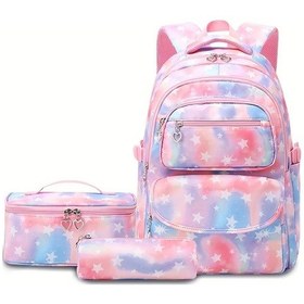 Resim Honeybeeshop Pembe Gradyan Yıldız Desenli Kızlar İçin 3 Parça Sırt Ve El Çantası Seti Büyük Kapasiteli Pembe 