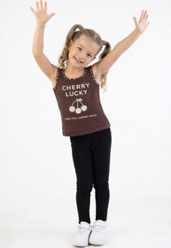 Resim BEGBOR COLLECTİONS Kız Çocuk Kahverengi Baskılı Atlet Bluz Cherry Lucky Yazılı Pamuklu Askılı Üst 