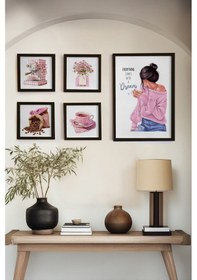 Resim Huhuli Ahşap Siyah Çerçeveli 5 Parça Set Tablo Huhu463 