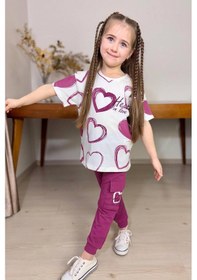 Resim Riccotarz Kız Çocuk Pano Kalp Baskı Bisiklet Yaka T-shirt Kargo Cepli Alt Mor Eşofman Takım 