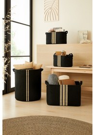 Resim Ocean Home Textile Ağzı Büzgülü Çizgili Siyah Renk Jüt Çamaşır Sepeti 36 x 40 cm 