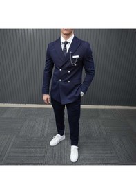 Resim Bys Beystil Sivri Yaka Lacivert Kruvaze Takım Elbise Petek036 - Slim Fit 