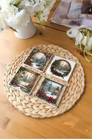 Resim Atölye Vintage Yılbaşı Postcard Temalı 4’lü Set Bardak Altlığı Doğal Taş Traverten (10x10 cm) 