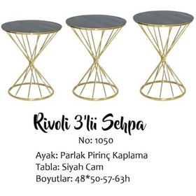 Resim Zigon Sehpa BRC RİVOLİ Model 3'lü 1050 Siyah Cam tabla Gold Parlak Pirinç Ayak El Yapım 