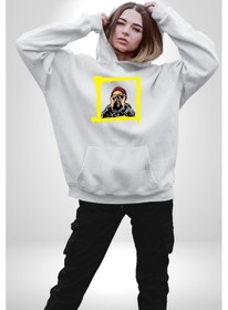 Resim Fantastik Sanatsal Yeni Nesil Kırmızı Bere El İle Dürbün Kadın Erkek Beyaz Kapüşonlu Sweatshirt Hoodie Beyaz 