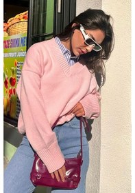 Resim Madmext Pembe V Yaka Oversize Kadın Triko Kazak Mg2149 Pembe 