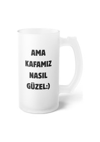 Resim Ama Kafamız Nasıl Güzel Baskılı Buzlu Hediyelik Bira Bardağı - Doğum Günü - Sevgililer Günü Beyaz 
