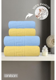 Resim %100 Pamuk 4'lü Mavi Ve Sarı Greek Havlu Seti - 2 Adet El Havlusu Ve 2 Adet Banyo Havlusu Mavi 