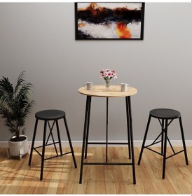 Resim Atlantik Çam Döşemeli Siyah Bar Taburesi Seti Masası Mutfak Ova 