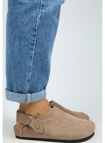 Resim Lina Kadın Hakiki Deri Düz Arkadan Bantlı Sabo Terlik-10491 Vizon 