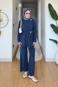Resim Tesettür Diyarı Ardila Modal Kumaş Yandan Bağlamalı Broşlu Tesettür Takım- Lacivert 