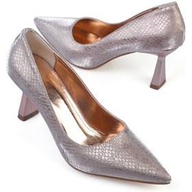 Resim Shoetek Luana Kadın Stiletto Kroko Desenli Topuklu Ayakkabı Roz Simli Pudra 
