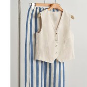 Resim Kadınların Şık İki Parça Seti - Kolsuz V-Yaka Düğmeli Üst ve Çizgili Geniş Bacaklı Pantolon, Polyester, Hafif ve Nefes Alabilen İlkbahar/Yaz Geçişi İçin, Günlük Giyim|Çizgili Desen|Hafif Kumaş 