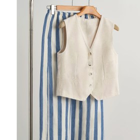 Resim Kadınların Şık İki Parça Seti - Kolsuz V-Yaka Düğmeli Üst ve Çizgili Geniş Bacaklı Pantolon, Polyester, Hafif ve Nefes Alabilen İlkbahar/Yaz Geçişi İçin, Günlük Giyim|Çizgili Desen|Hafif Kumaş 