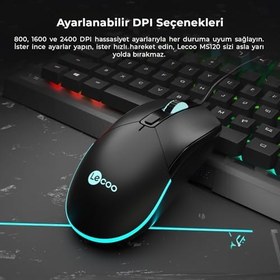 Resim Lecoo MS120 USB Kablolu 2400DPI 4 Tuşlu RGB LED Aydınlatmalı Optik Gaming Optik Mouse Siyah 