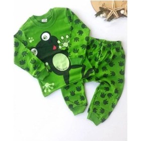 Resim Bilge Trend Kurbağa Desenli Erkek Çocuk Pijama Takımı %100 Pamuk Yeşil 