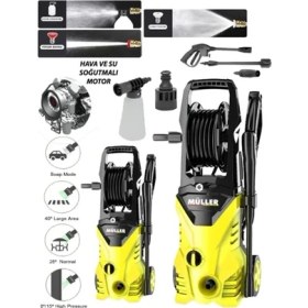 Resim Müller Alman 180-200 Bar Max Bakır Sargılı Hava Su Soğutmalı Yüksek Basınçlı Bahçe ve Oto Yıkama Makinesi 