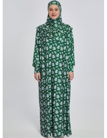 Resim Manolyaşal İslamic Hijab Pratik Tek Parça Manolya Desenli Namaz Elbisesi Zümrüt Zümrüt Yeşili 