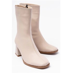 Resim Msk-032 Bej Topuklu Fermuarlı Kadın Bot Bej 
