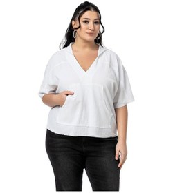 Resim Büyük Beden Kanguru Cepli V Yaka Kapüşonlu Kirli Dikişli Beyaz Bluz Beyaz 