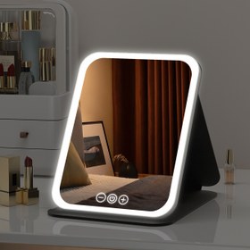 Resim M MISS DREAM Taşınabilir Işıklı Makyaj Aynası, 3 Renk Aydınlatma, Ayarlanabilir Dokunmatik Ekran, Şarj Edilebilir USB, Katlanabilir Masaüstü Makyaj Aynası Seyahat ve Ev Kullanımı için, Makyaj Masaüstü, Modern Estetik, Şık Tasarım, Cilalı Kaplama 