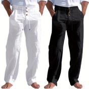 Resim 2 Adet Erkek Hafif Keten Düz Paça Pantolon, Elastik Bel ve Dekoratif Düğmeler - Nefes Alabilen Her Mevsim Dış Mekan Atletik Pantolonlar Yürüyüş, Golf, Plaj, Koşu İçin - Beyaz & Zeytin Yeşili, Aktif Yaşam Tarzı, Rahat Kesim, Dayanıklı Yapı, Fitness Tutkunları 