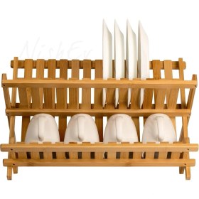 Resim Nishev 2 Katlı Bambu Katlanabilir Tabaklık Bulaşıklık Büyük Boy Mutfak Bulaşık Kurutma Rafı 47X32 cm 