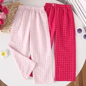 Resim 2 adet Genç Kızlar için Bahar ve Yaz Rahat Pantolonları - Pembe ve Kırmızı Gingham Kontrol, Elastik Bel, Kapak Cebi, Yüksek Bel Tasarımı, Rahat Kıyafet için Mükemmel, Bahar/Sonbahar için İki Parça Set, Bahar/Sonbahar için İki Parça Set, Rahat Giyim Pantolonları | Kontrol Desenli Pantolonlar | Dokuma Kumaş, Dış Mekan için 