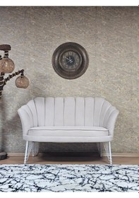 Resim Zafir İkili İstiridye Beyaz Boyalı Telli Ayak Çay Seti Koltuk Tekli Berjer , İkili Berjer Koltuk Krem 