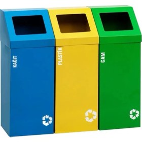 Resim Galvatek Metal Metal 3'lü Geri Dönüşüm Sıfır Atık Kutusu Elektrostatik Toz Boyalı (Plastik-Kağıt-Cam) 
