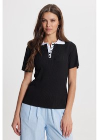 Resim Tudors Kadın Slim Fit Dar Kesim Kısa Kollu Fitilli Görünümlü Siyah Polo Yaka Tişört-50865 