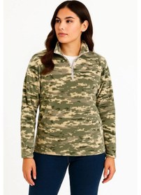 Resim Kadın Yarım Fermuarlı Desenli Polar Sweat - Haki Kamuflaj Yakalı, Uzun Kollu, Oversize Rahat Kalıp - Haki Çok Renkli 