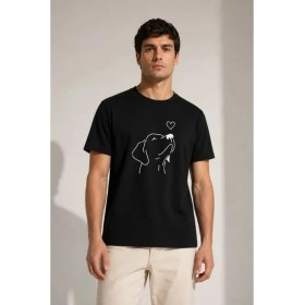Resim Marsilyan Erkek Köpek Figürlü Minimal Baskılı Tişört Kısa Kol Yazlık T-Shirt - Siyah 