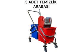 Resim Mck Plus ( 3 Adet ) Çift Kovalı Krom Temizlik Arabası Paspas Arabası ( 3'lü Set ) 