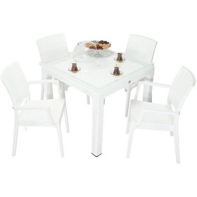 Resim Depootoptan Mandella Elit Rattan 90 x 90 CM Elit Koltuk Camlı Masa Takımı Beyaz 