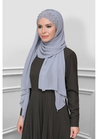 Resim Hürrem Bone Gri Pratik Hazır Geçmeli Bone Şal Şifon Kendinden Boneli Taşlı El 