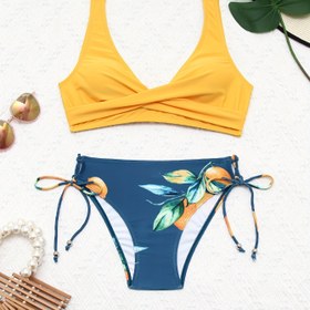 Resim Kadın Seksi Bikini Seti, Yüksek Esnek Örme Kumaş, Meyve ve Sebze Baskısı, Bağcıklı Yan Alt, Polyester %82 Elastan %18, Hafif 120g/m² 200g/m², Plaj Tatili İçin Mayo 