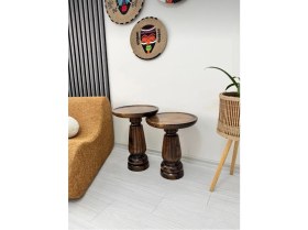 Resim Aselya Home Doğal Ahşap 2'li Set Mantar Yan Sehpa Modern Ceviz Renk Fiskos Zigon Çiçeklik 