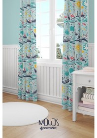 Resim Kağıt Gemi Desenli Fon Perde Çocuk Ve Bebek Odası Süet Baskılı Ekstrafor Büzgü 2 Kanat Prd-57 Çok Renkli 